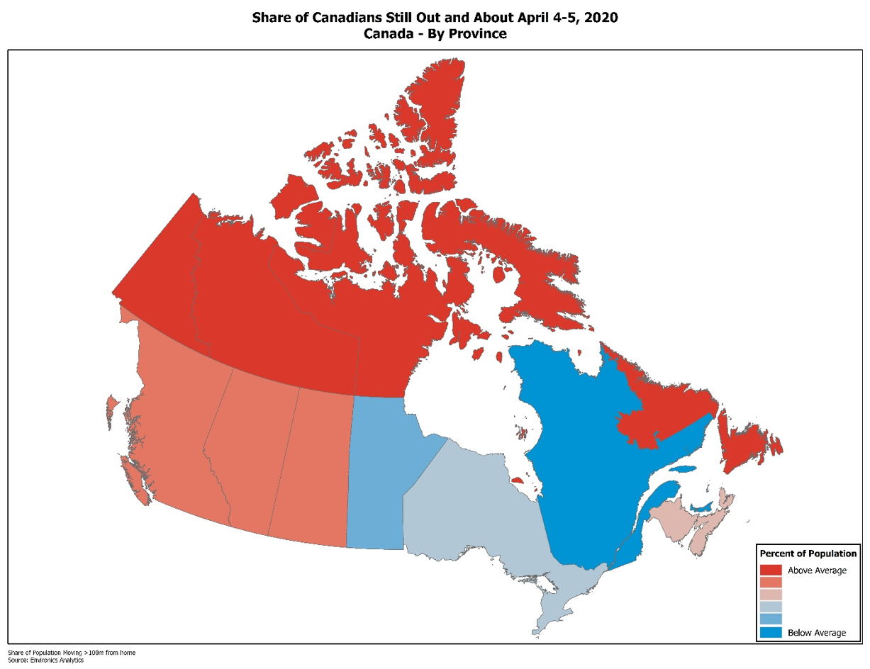a map of the provinces in canada that indicate certain canadians are out and about as of april 4-5, 2020 still