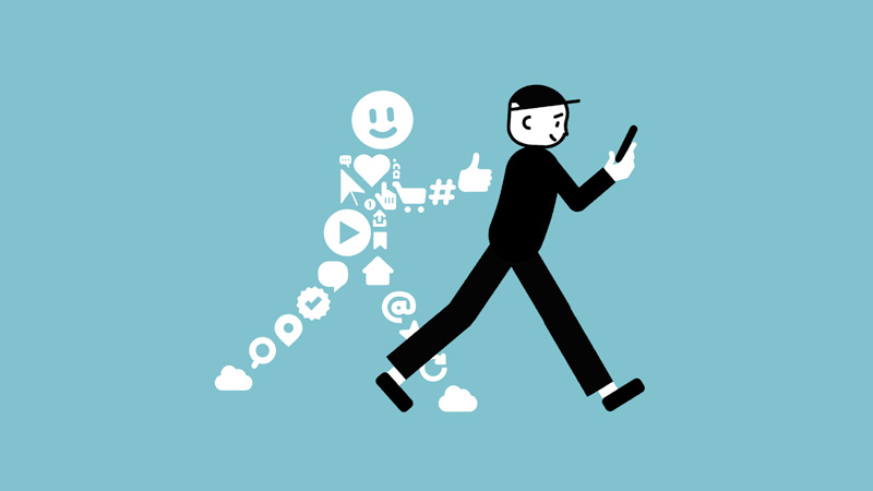 Illustration of man walking holding phone 